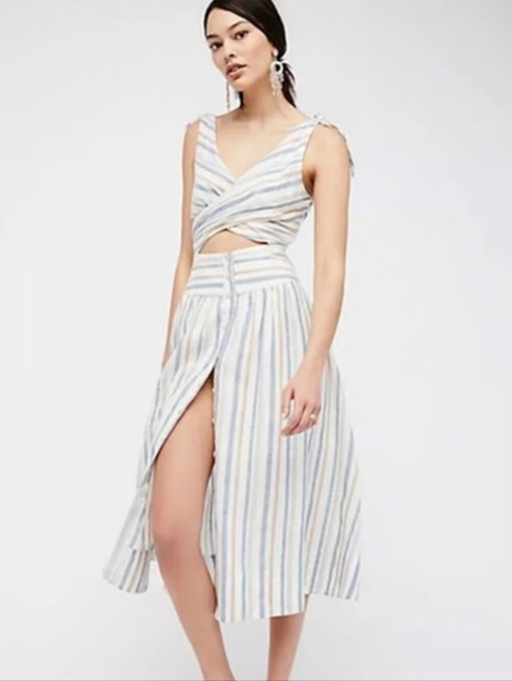 Free People Kansas City Girl Striped Linen Blend Midi Dress Blue Cream Size 10